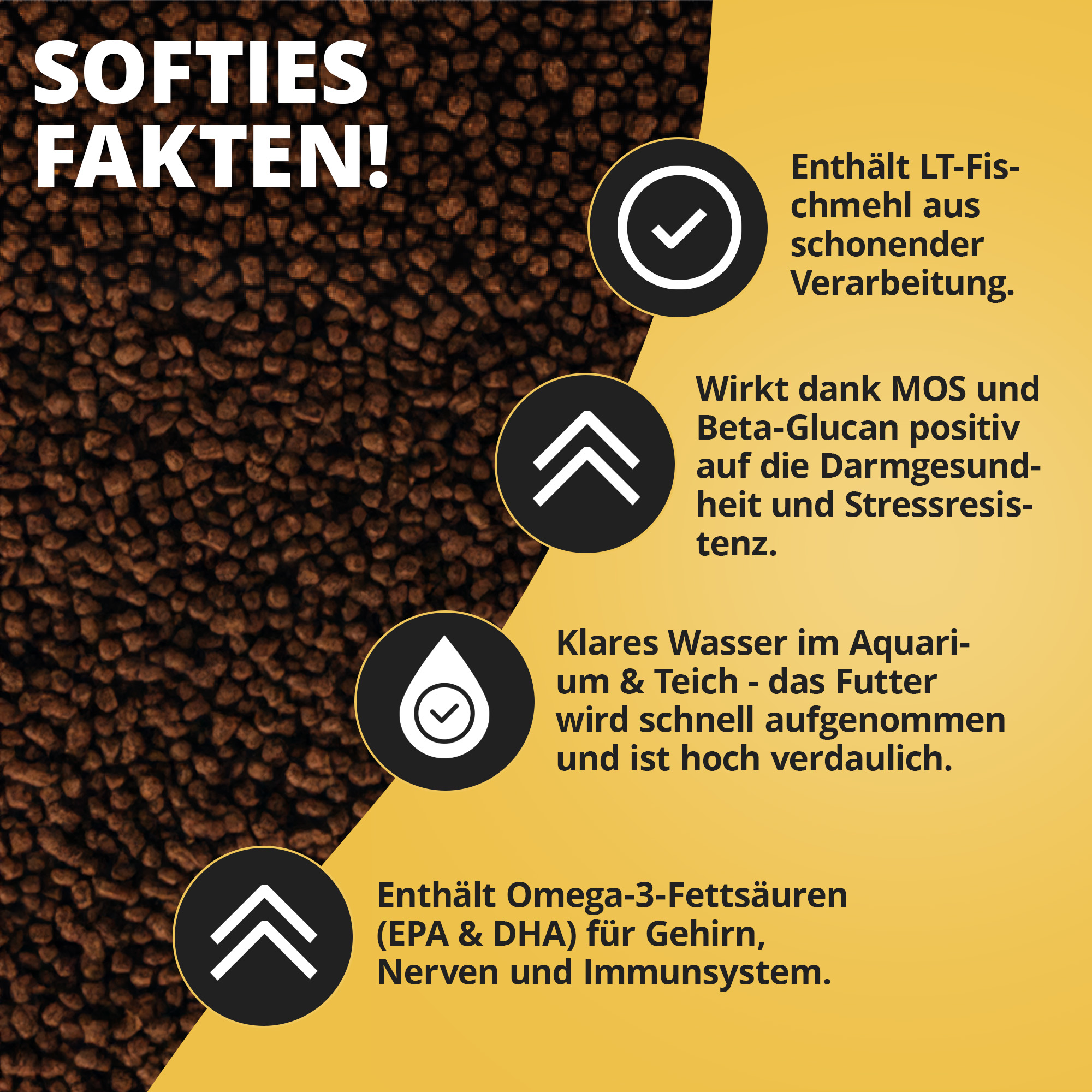 Braune Softies Pellets neben Fakten-Icons